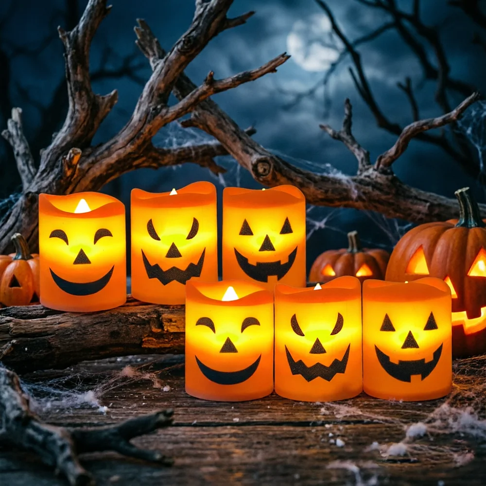 6/12Pcs Halloween Pumpkin Face LED Flameless Candle Lights, Decor for Halloween Dining Table Entryway Courtyard & Indoor Layout