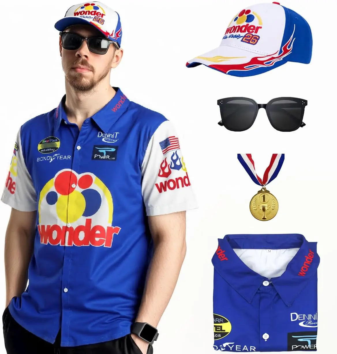 

Ricky Bobby Costume Shirt Hat Set Talladega Nights Costume Cal Naughton Jr.Wonder Bread Racing Suit Halloween Cosplay