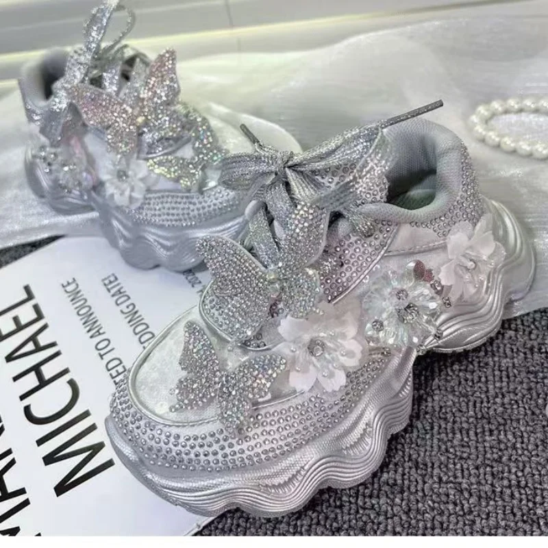 Girls' Water Diamond Butterfly Silver Casual Shoes 2024 New Children's Spring and Autumn Fashion Mesh Splicing Princess Shoes