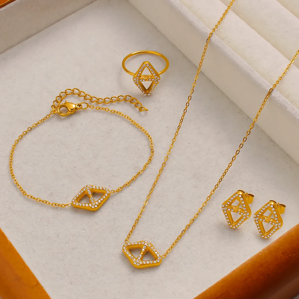 Ladies Geometric Fashion Jewelry Set Wedding Party Festival Suitable Necklace Earrings Bracelet Ring Gifts