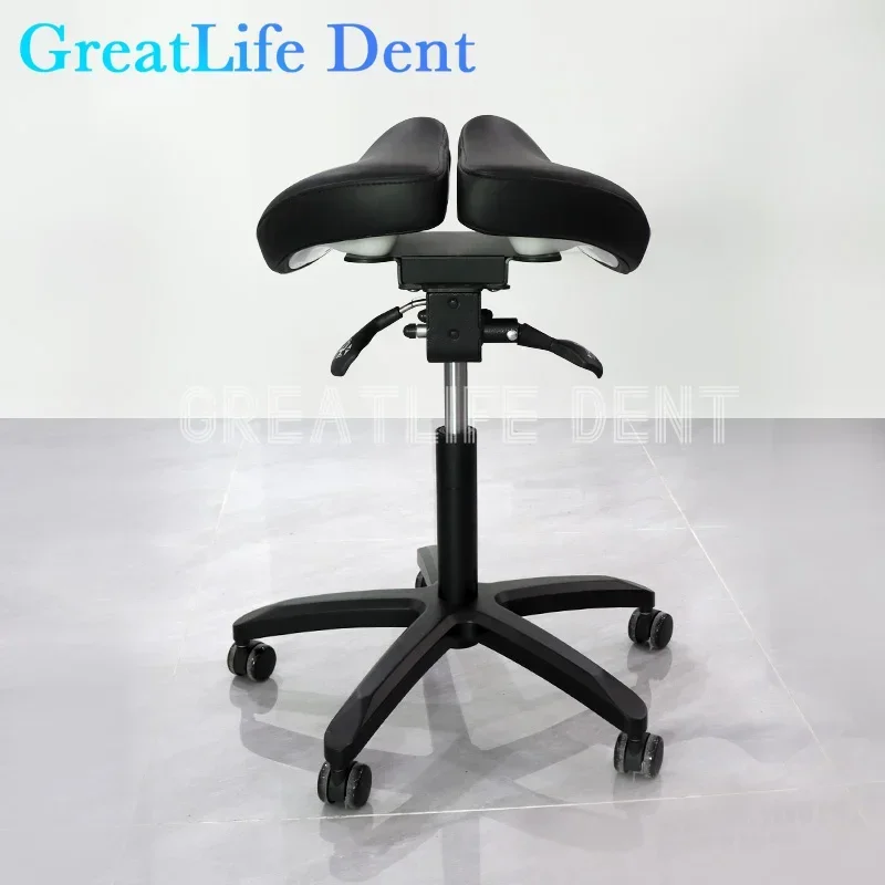 GreatLife Dent Dental Ergonomischer Luxus-Sattel aus Pu-Leder, drehbar, verstellbare Doppelbeinstütze, Stummschaltung mit Radrückenlehne, Klinikstuhl