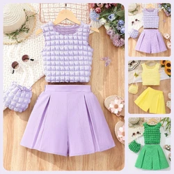 3 Pcs Set Teen Girls Clothes Summer Sleeveless Top+Short+Bag 8 9 10 11 12 Years Old Bubble Fabric Kids Girl Suit Children Outfit