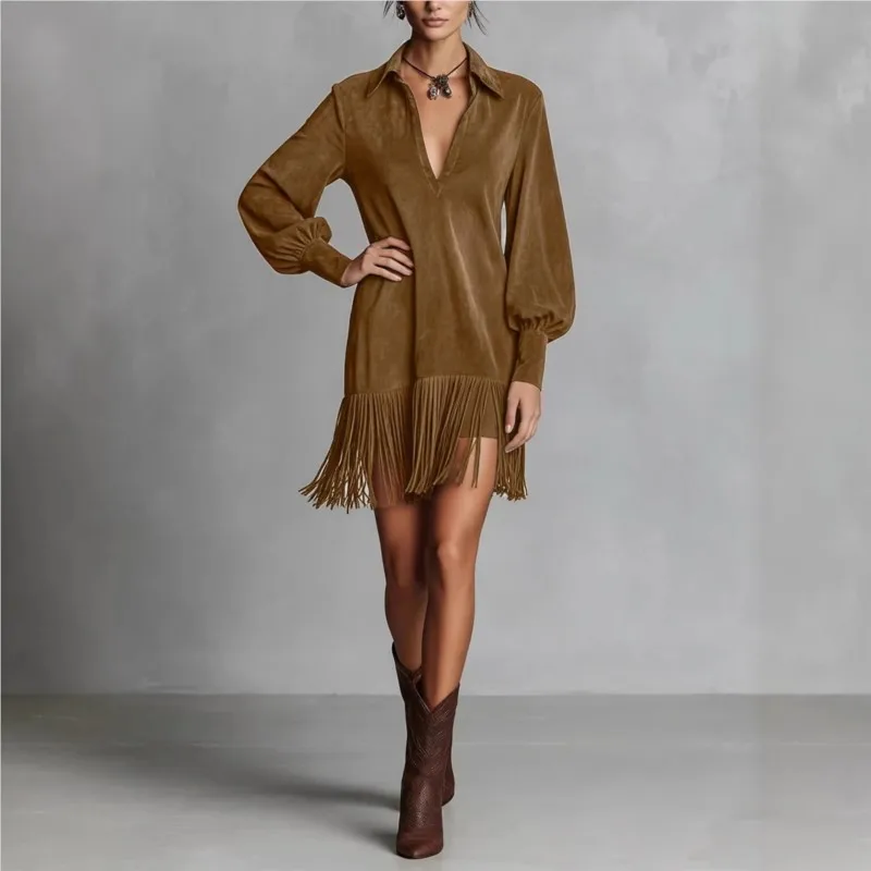 Woman's Retro Mini Dress Spring Autumn Fashion V-neck Loose Tassel Patchwork Hem Design Dresses Ladies Foreign Style Streetwear
