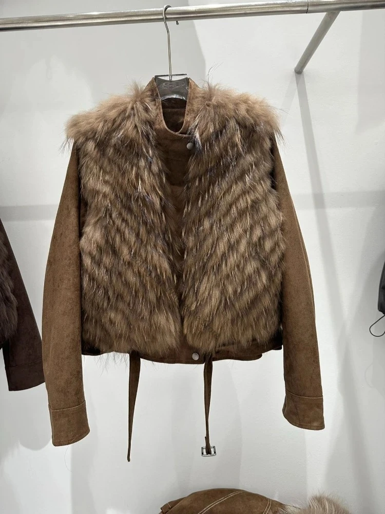 Women Genuine Fur Coat Ladies Short Stand Collar Jacket Long Sleeve Windproof Daily Winter Cold Weather Protection Outerwear