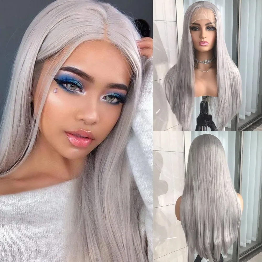 Ash Blonde Silver Grey Straight Lace Front Wig for Women Heat Resistant Synthetic Lace Wigs Glueless Pre Plucked Natural Wig