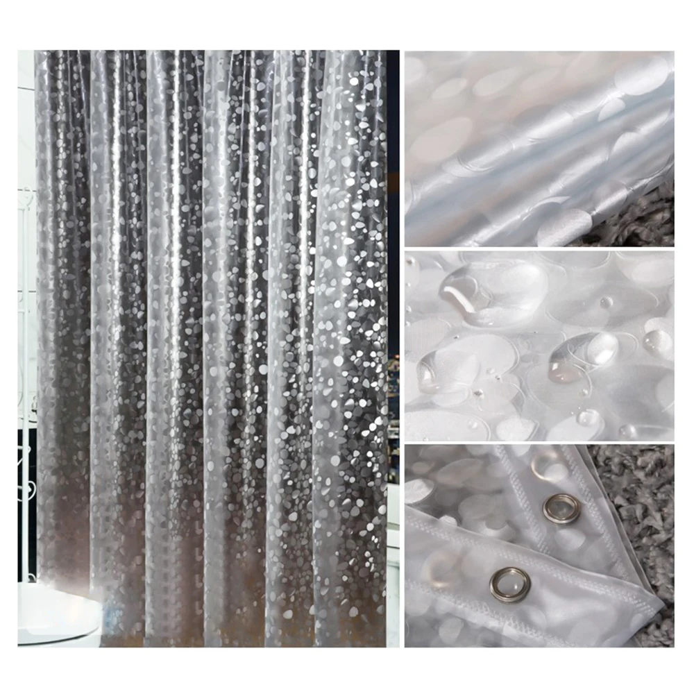 1PC Shower Curtain with Hooks PVC Waterproof Mildew Resistant Antibacterial 3D White Semi Transparent Pebble Shower Curtain