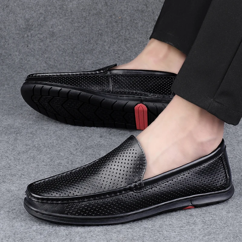Hollow Out Leather Penny Loafers Men Moccasins 2025 Luxury Mens Casual Shoes Breathable Slip On Flats Male Driving Shoes