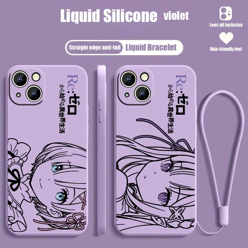 Coque de téléphone Rem Emilia avec motifs mignons et motif liquide à cordelette pour Apple iPhone 17 16E 16 15 14 13 12 Mini Pro Max Plus