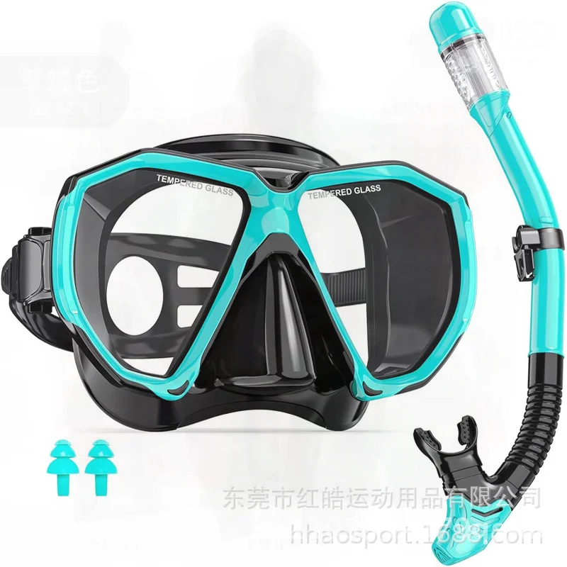 

Adult Full Dry Snorkeling Suit with Tempered Glass Diving Goggles Silicone PC Breathable Tube One Size Fits All in Black Blue