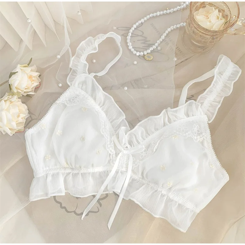 ファッション韓国スタイルの三角形カップ弓レースのブラジャー女性のための小胸サテン下着甘い女の子通気性快適なソフトブラジャー