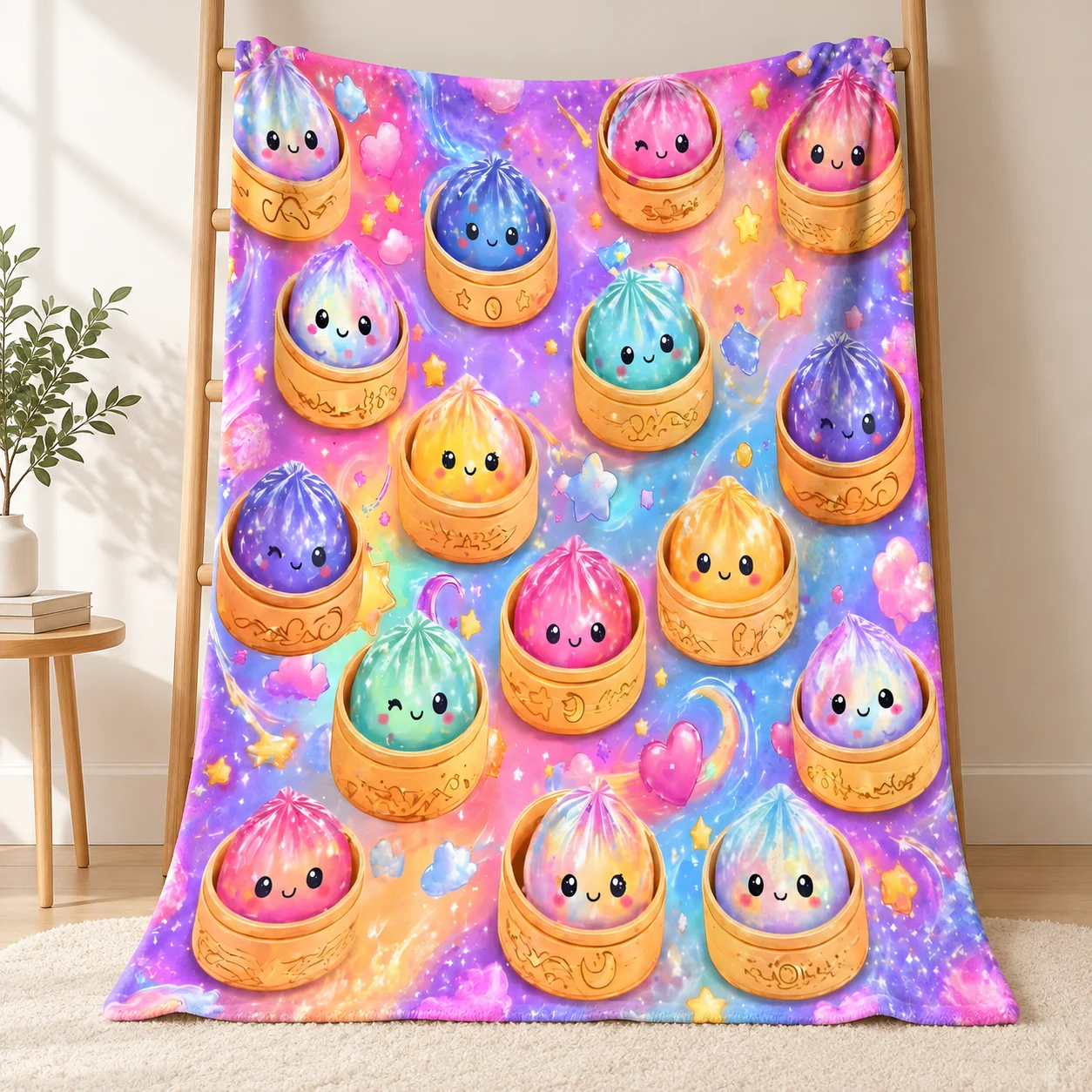 Cute Kawaii Galaxy Dumpling Throw Blanket Colorful Rainbow Steamed Bun In Bamboo Basket Soft Cozy Blanket Sofa Bedroom Decor
