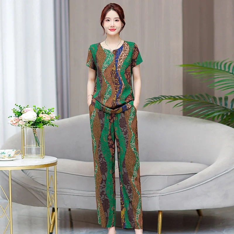 Summer Elegant Pant Sets for Women Blouses 2023 New Vintage Print 2 Piece Sets Women Outfit Casual Korean Style Summer Clothes