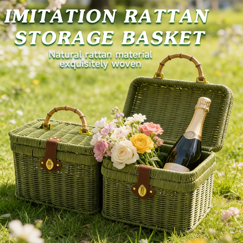 Portable Handwoven Imitation Rattan Picnic Basket Small Handheld Storage Bin For Fruit Vegetable
