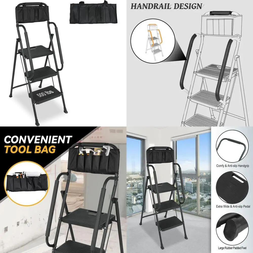 سلم مقعد قابل للطي بسعة 500 رطل، ودواسات واسعة غير قابلة للانزلاق وحقيبة أدوات قابلة للانزلاق لتنظيم ارتفاع مخزن المطبخ #1