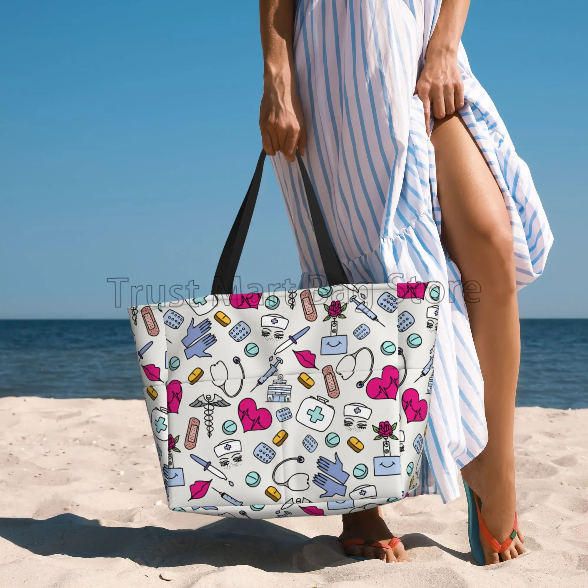 Nurse Print Beach Tote Bags for Women Waterproof Sandproof Large Pool Bag Stylish Zipper Beach Tote for Swim Gym Travel Shopping