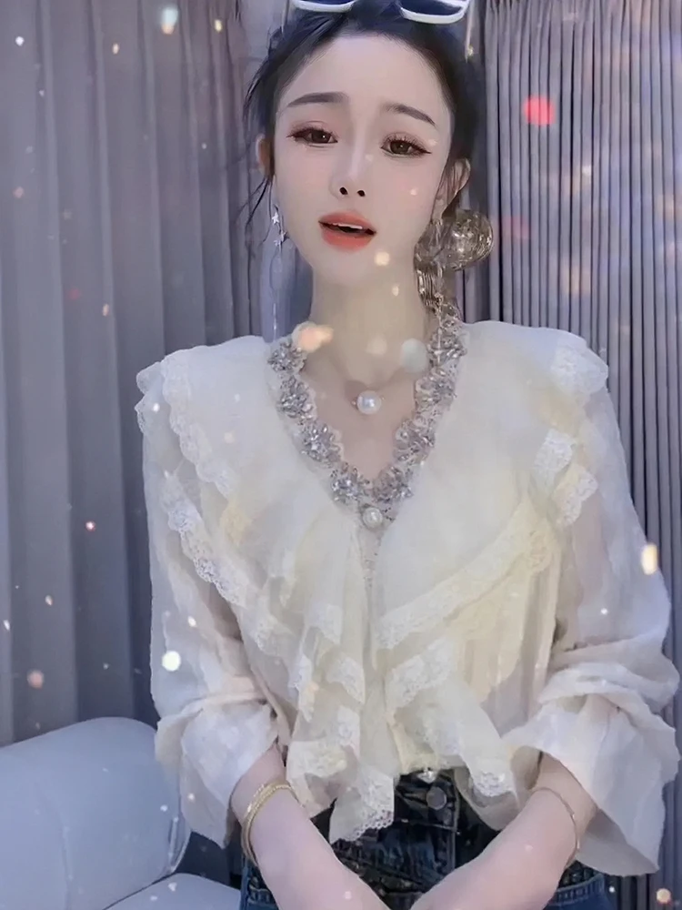 Fashionable Feminine Socialite Lace Shirt Women's 2024 Spring New High-End Rhinestone Design V-neck Long Sleeve Solid Color Top