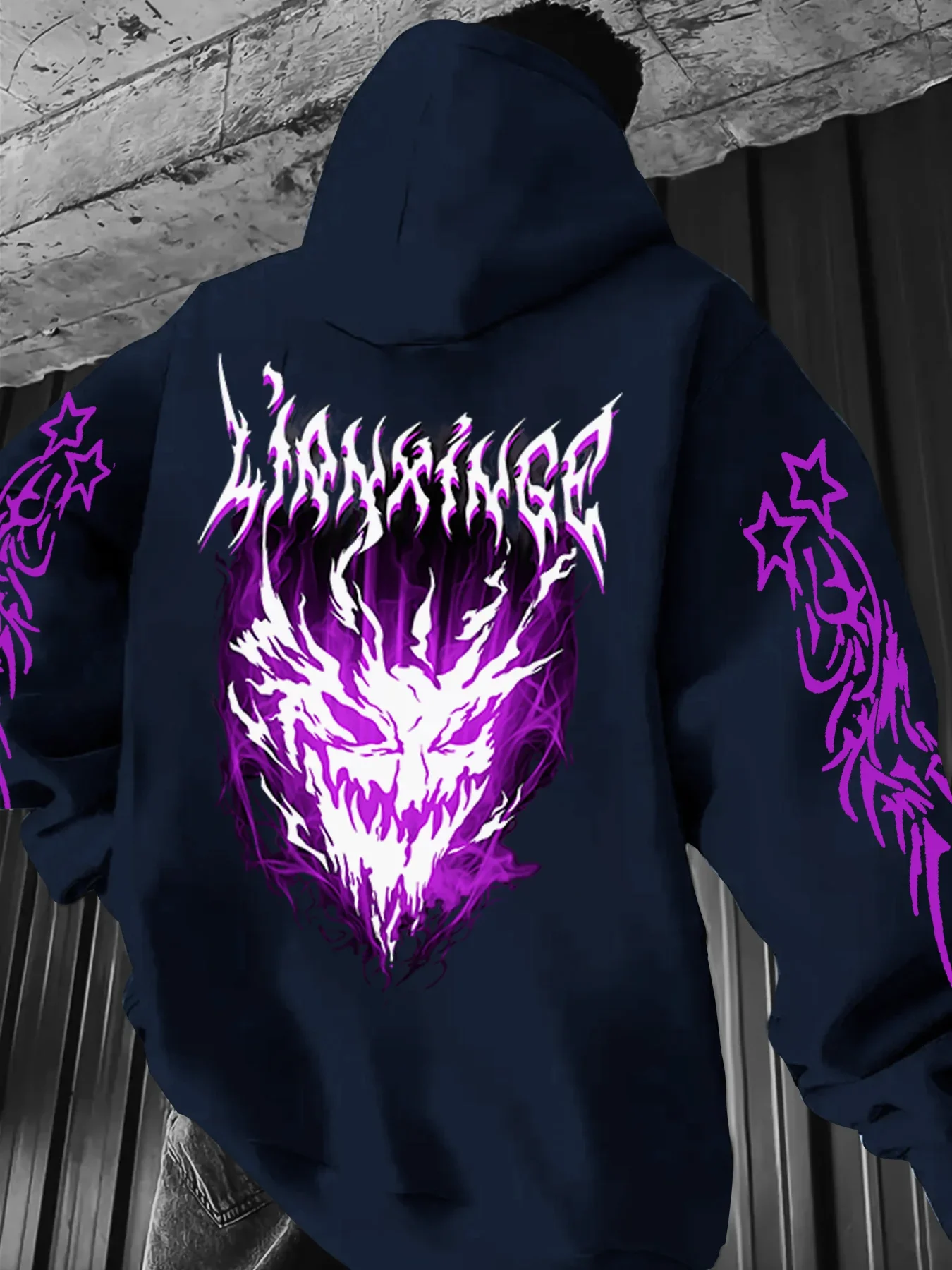 Men Death Metal Style Hoodie Back Devil Face Graphic Hooded Sweatshirt Sleeve Print Street Pullover Autumn Winter Fleece Lined