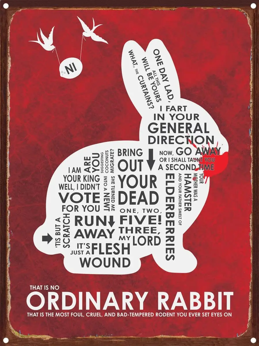 Monty Python - No Ordinary Rabbit- Holy Grail Rustic Metal tin sign Art Print from Typography Drawing by Artist Asher Person