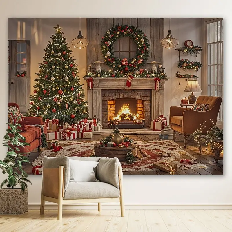 VIKAMA Wall Tapestry Christmas Classic Fireplace Living Room Tree Gifts Armchair Rug Winter Holiday Wall Hanging Home Decor Soft