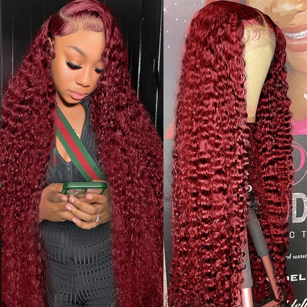 

Парик из натуральных волос Deep Curly, цвет 99J Бордовый, с HD-кружевной передней частью 13x4, 100% натуральные волосы, красный цвет, предварительно проработанные волны Deep Wave