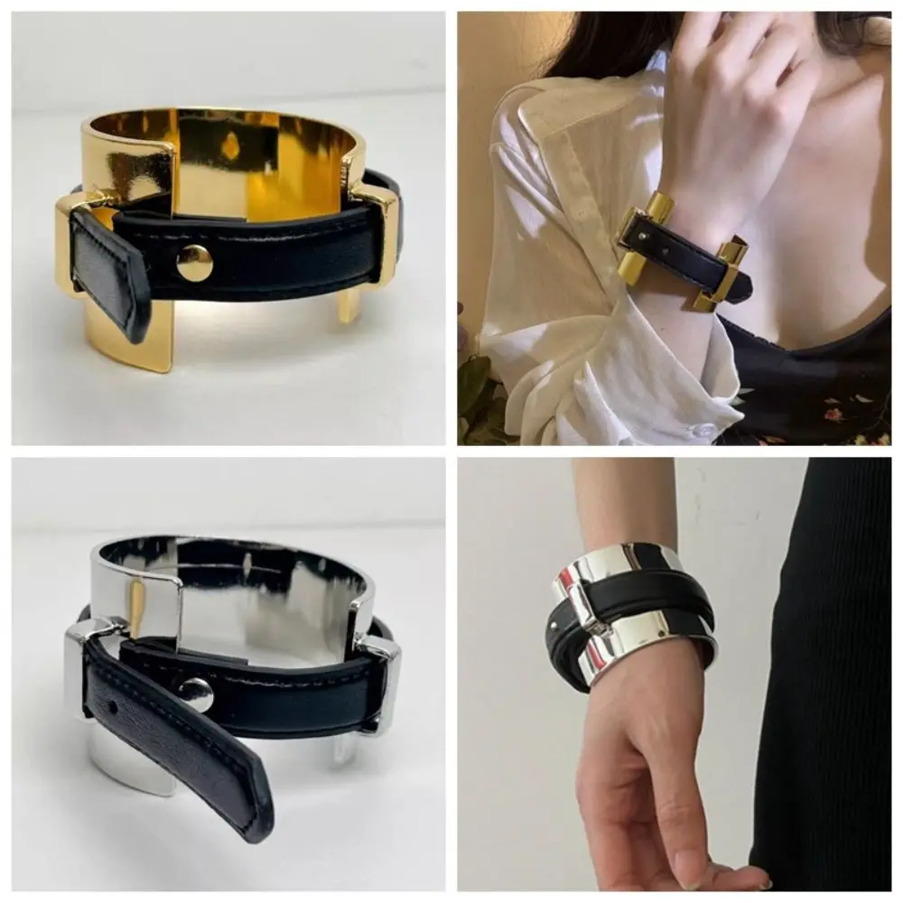 Armlet Exaggerated Metal Bangle Golden Silver Belt Buckle Leather Bracelet Punk Style Accessories Women Open Bangle Girls