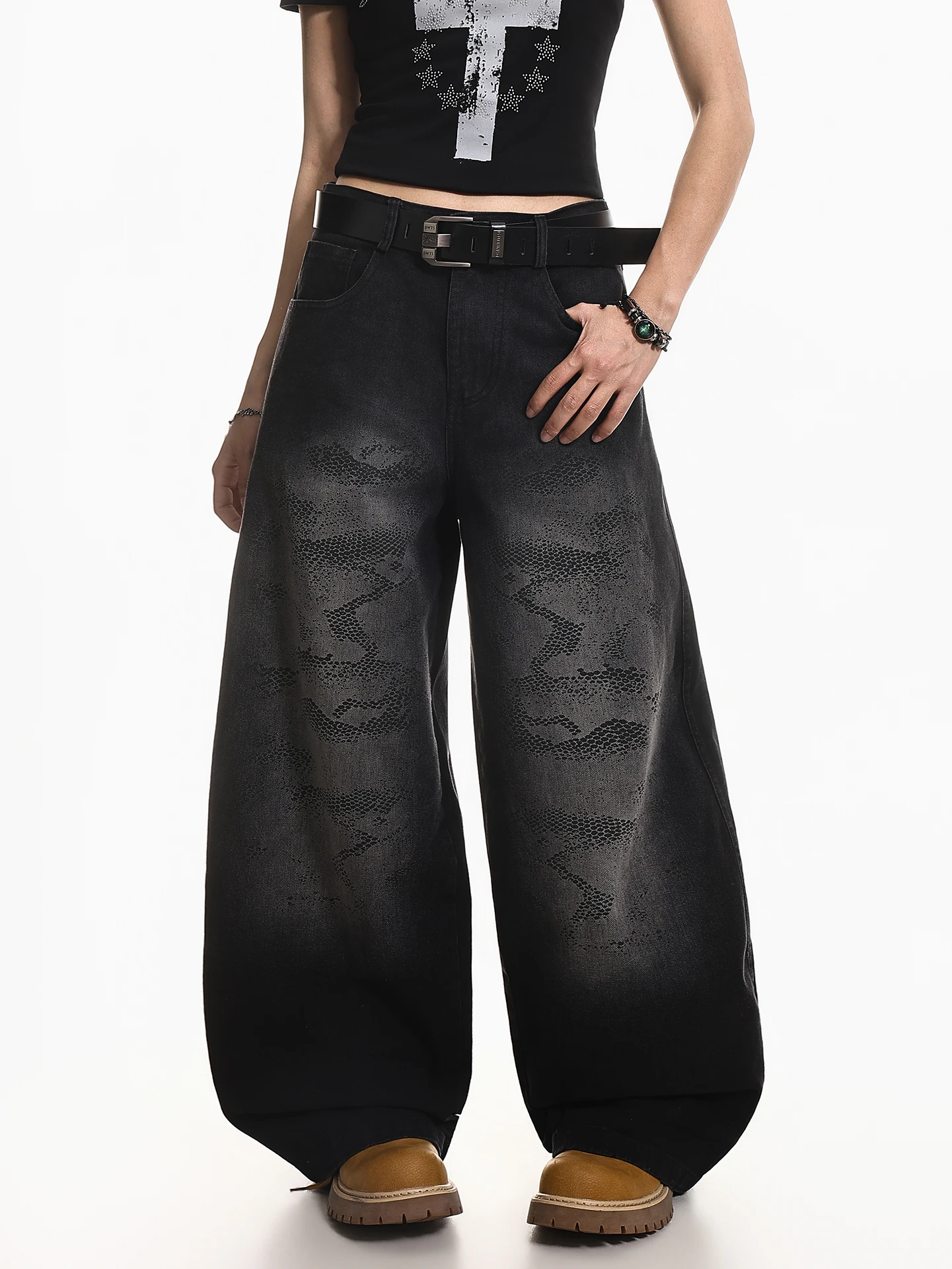 

Джинсы XPKAEAX в американском винтажном стиле с эффектом потертости и принтом под змеиную кожу, с высокой талией, свободные, широкие штанины, женские летние повседневные брюки