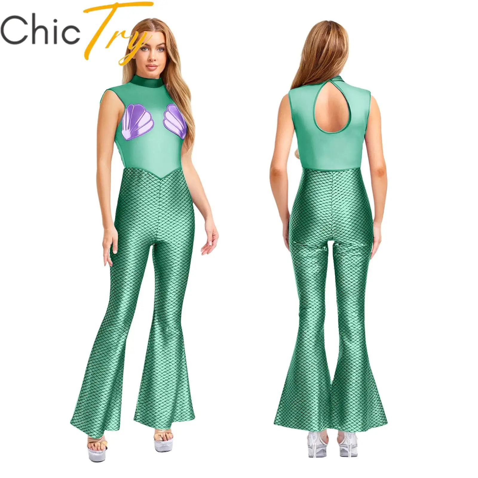 

Womens Halloween Mermaid Cosplay Rompers Sheer Mesh and Fish Scale Print Patchwork Bell Bottom Jumpsuit Carnival Party Dress Up