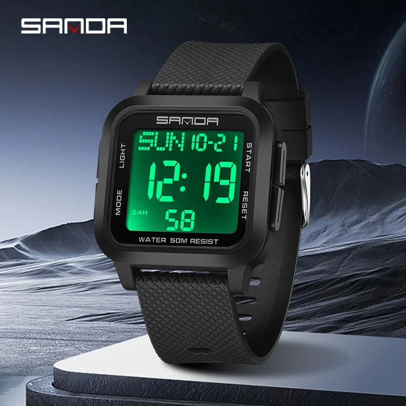 SANDA 2194Водонепроницаемые повседневные светодиодные цифровые часы Мужские многофункциональные электронные часы с таймером Календарь Будильник Военные квадратные часы
