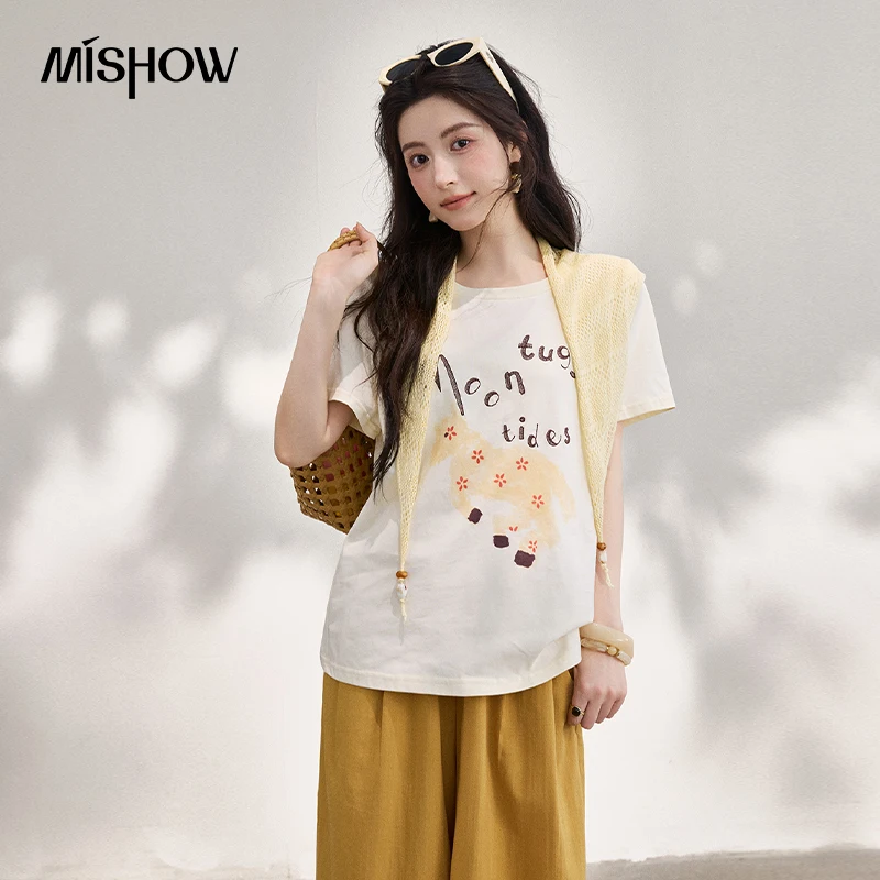 

MISHOW Pure Cotton T-Shirt 2026 Summer New Hand-Painted Letter Embroidery Print Loose Casual Women's Top With Shawl MXF25T1625
