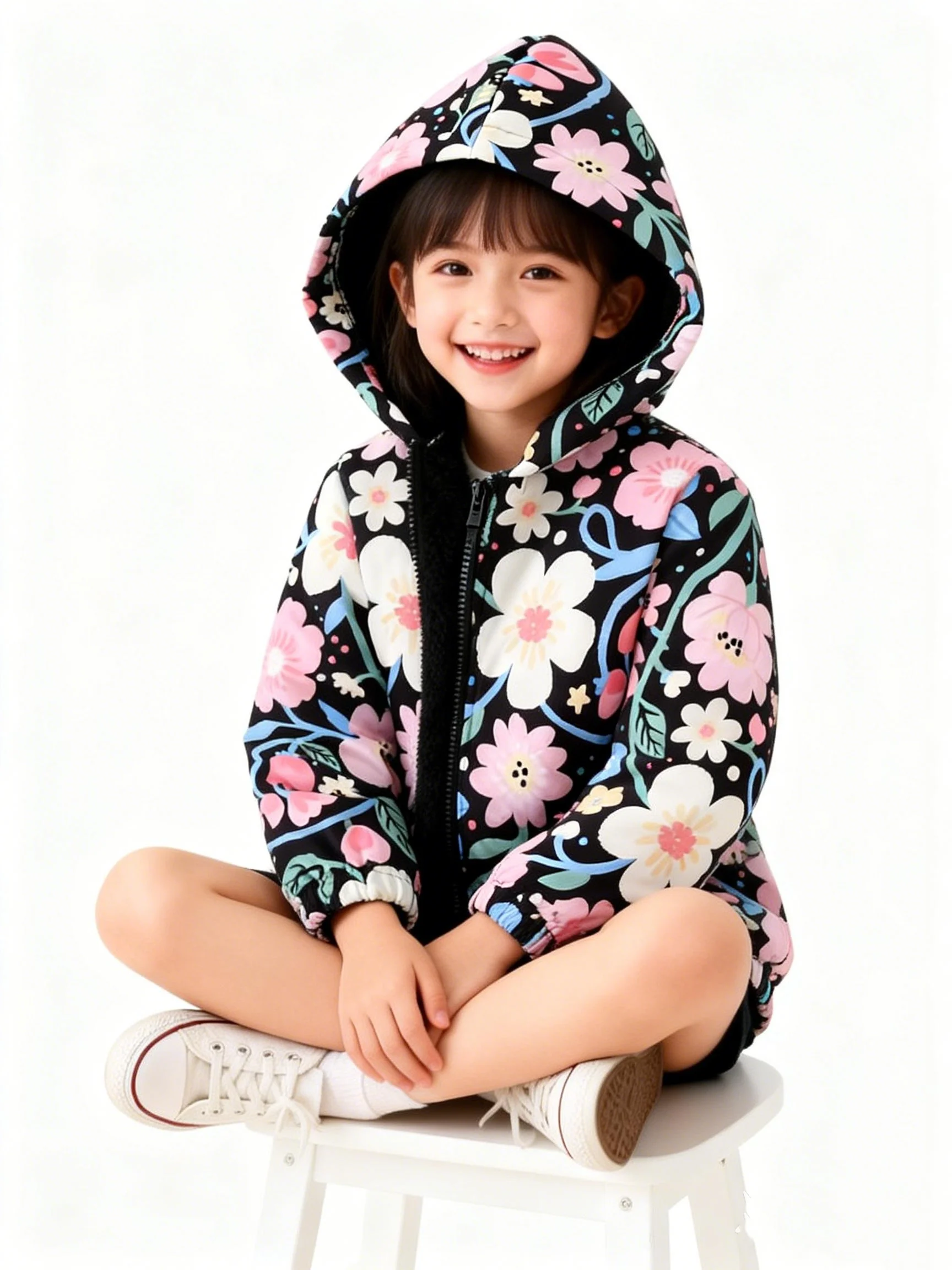 

Новая осенне-зимняя куртка с капюшоном и красочным цветочным принтом для девочек и плюшевая повседневная уличная куртка