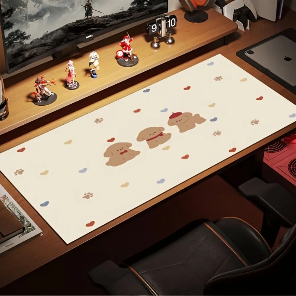 Cute Brown Puppies Large Desk Mat, 90x40cm Paw Print & Heart Extended Mouse Pad, Non-Slip for Home Office