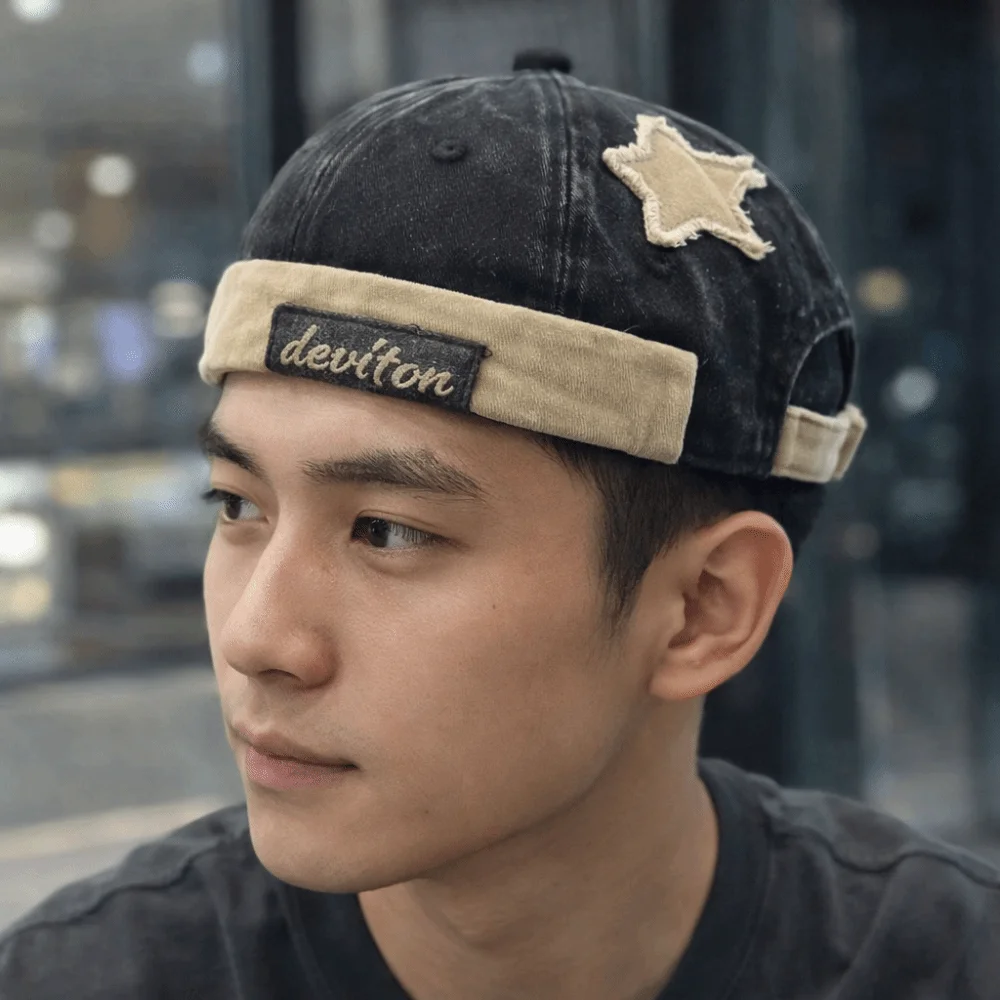 Casual Adjustable Washed Landlord Cap Cotton Star Splicing Brimless Melon Hat Letter Solid Color Docker Beanie Four Seasons