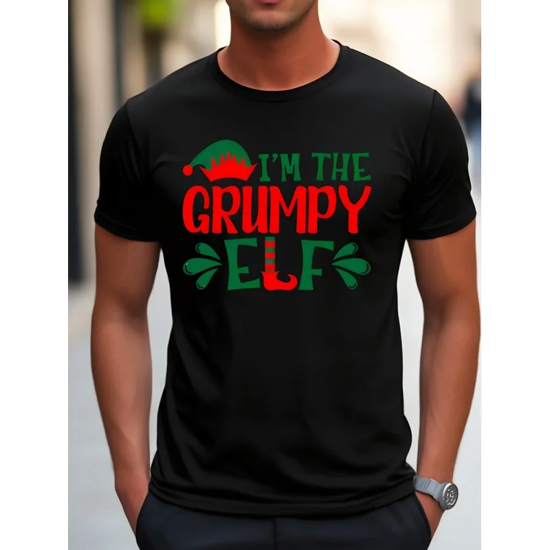 Men's T-shirt, Fun 'Grumpy Elf Printed T-shirt, Suitable for Christmas Parties and Everyday Casual Wear