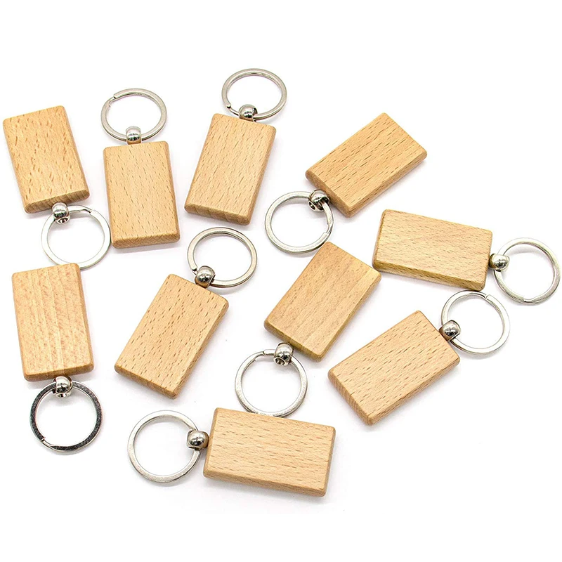 20Pcs Wooden Keychain Unfinished Wooden Key Ring Rectangle Key Chains Wood Craft Supplies for DIY Gift Crafts