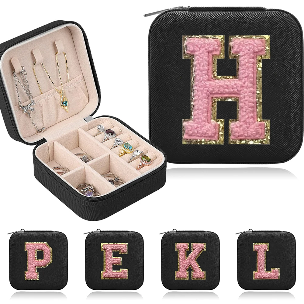 Jewelry Storage Box Travel Portable Pu Leather Jewelry Case For Earring Necklace Ring Organizer Cases 26 Letter Embroidery Label