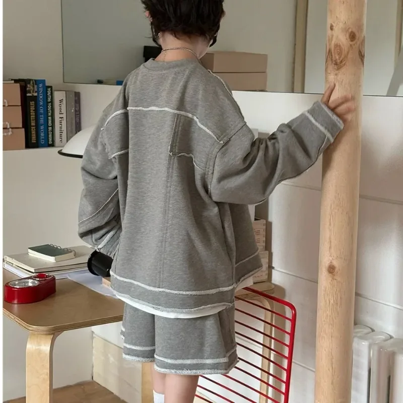 Children's Splicing Edge Hoodie Shorts Set 2025 Spring Summer Collection Fashion Korean Simple Style 2pieces