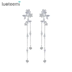 LUOTEEMI Exquisite Fairy Flower Long Tassel Chain Drop Dangle Earrings for Women Bridal Wedding Clear CZ Girl Fashion Jewelry