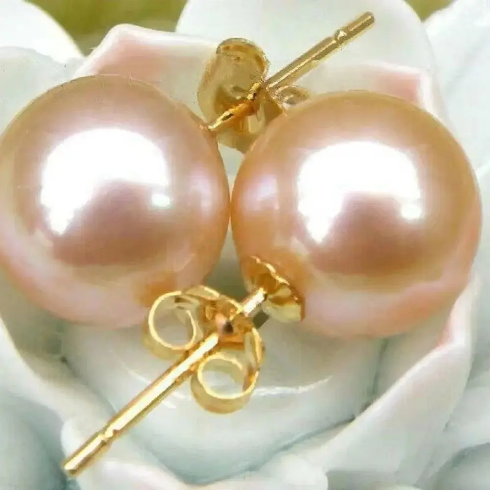 Charming AAA++ Real Round 9-10mm Pink South Sea Pearls Women Earring 14K GOLD Freeshippings Items