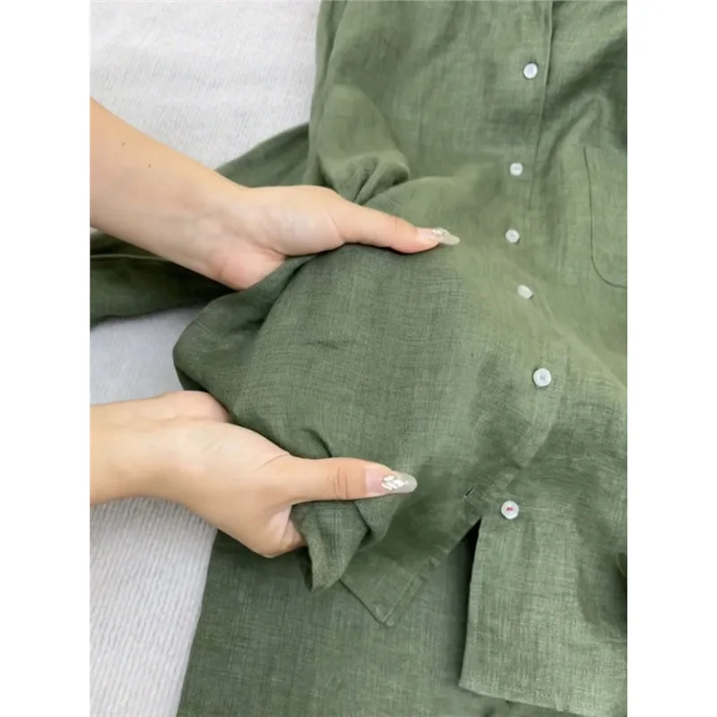 Fashion Women's Set for Spring and Summer New High-end Style Green Shirt Casual Wide Leg Pants Two-piece Set
