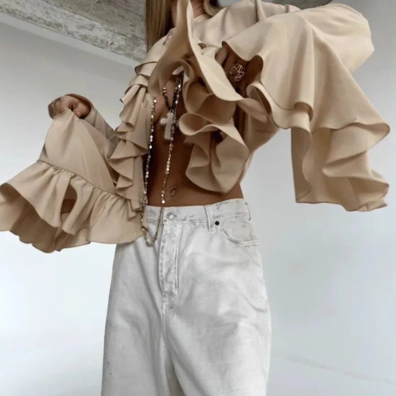 

2026 Popular Spring and Summer European and American Fashion Chiffon Ruffle Edge Design Round Neck Horn Sleeve Women's Shirt Top