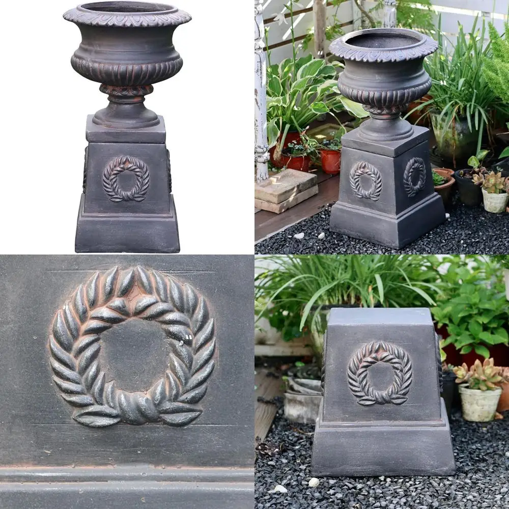 قاعدة زراعة جرة الحديقة الكلاسيكية، ألياف أسمنتية عتيقة سوداء، نمط أوراق الشجر المزخرفة، 22 بوصة
