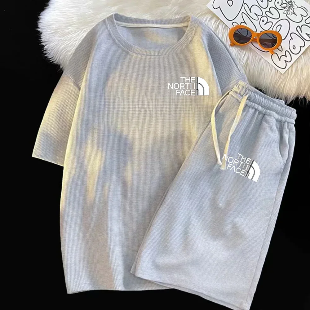 

2024 Summer Brand Men Suit Fashion Luxury Casual Sports Set Tracksuit Round Neck Loose Short Sleeve Shorts Waffle Two-piece Suit