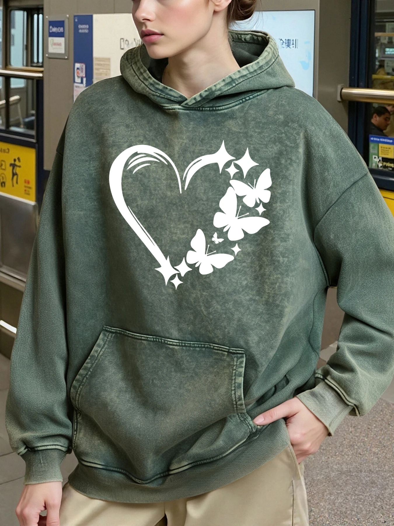Kombination von Liebe und Schmetterling Druck Frau gewaschen Hoody lose Baumwolle Hoodies Herbst Winter Casual Pullover Tasche Sportbekleidung