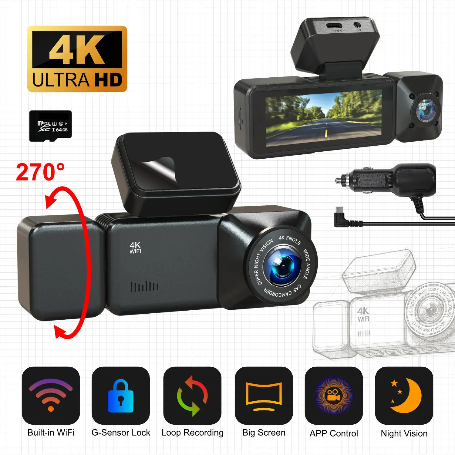 3 Channels 4K UHD Car Dash Cam Front Inside Rear Triple Lens Driving Recorder 3.16" Big Screen  GPS Wide Angle G-sensor Car DVR