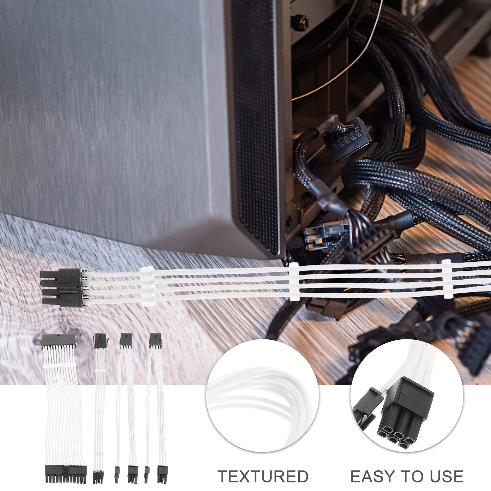 

Комплект высокопрочных удлинительных кабелей: 24-контактный ATX, 8-контактный PCIe, кабель питания для видеокарты для самостоятельной сборки (DIY)