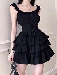 QWEEK 2023 Gothic Lolita Kawaii Slip Dress Soft Girl Goth Harajuku Off Shoulder Backless Sexy Black Ruffles Party Dresses Y2k