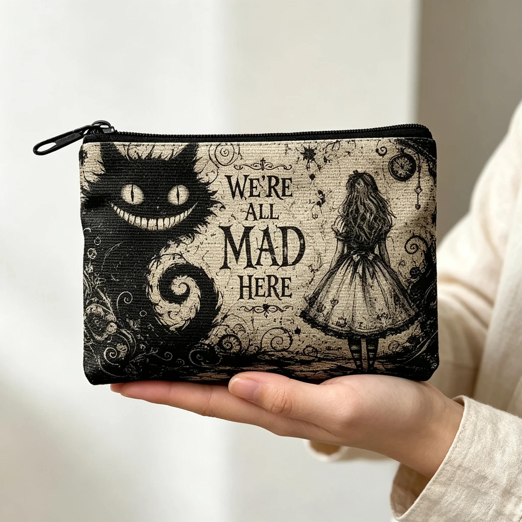 We're All Mad Here Alice in Wonderland Canvas Cosmetic Bag Vintage Cheshire Cat Gothic Zipper Pouch Travel Makeup Toiletry Bag