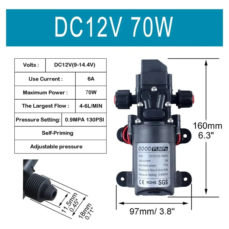 Automatic Flow Switch 6L/Min DC12V 60W 70W 130PSI AUTO Diaphragm Water Pump Mini Safe High Pressure Self Priming Pumps