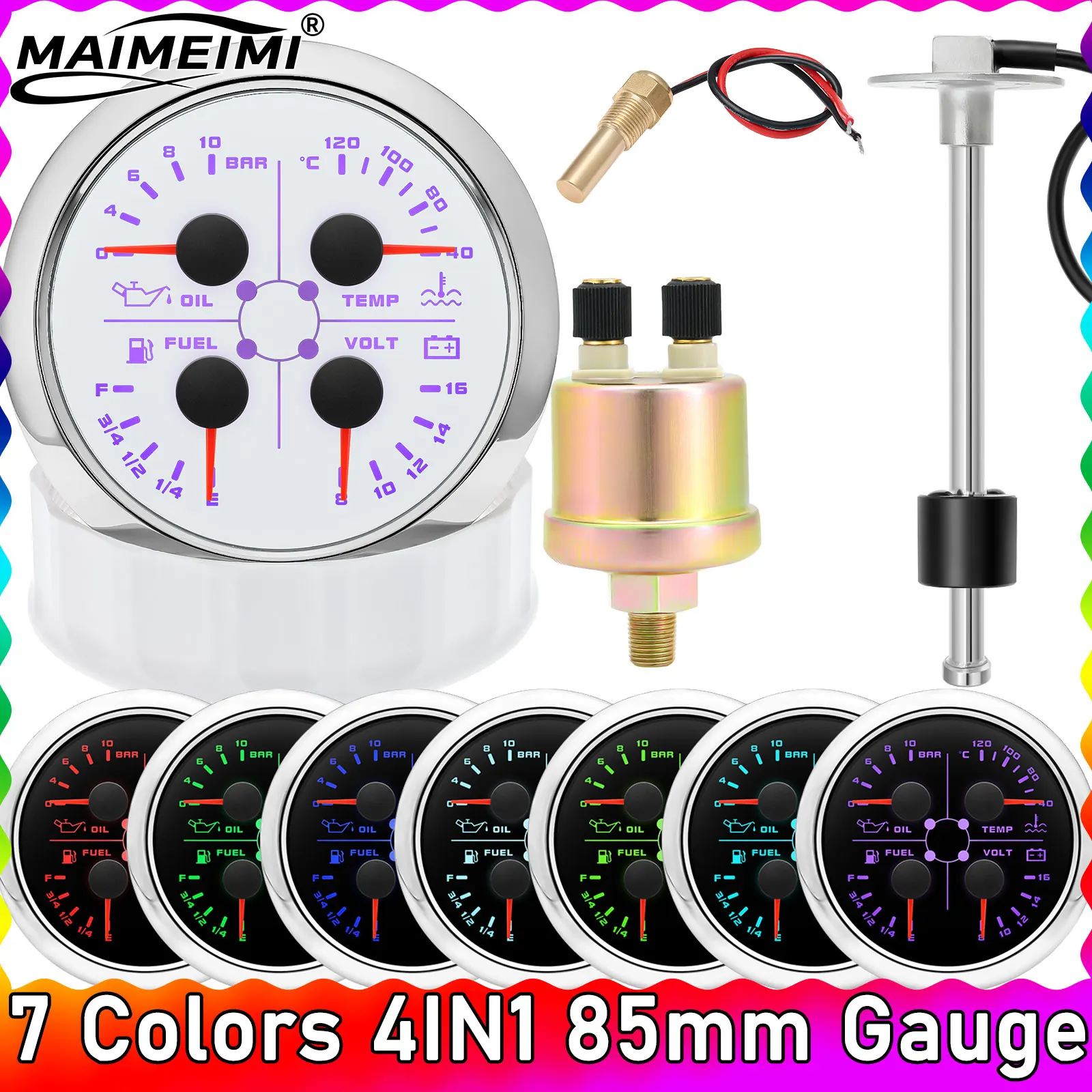 

7 цветов, 85 мм, манометр 4IN1, датчик давления масла, измеритель уровня топлива, воды, датчик температуры автомобиля, датчик температуры 10 мм 1/8 NPT, датчик уровня топлива