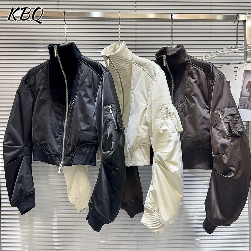 

KBQ однотонная свободная бейсбольная куртка на молнии для женщин с воротником-стойкой и длинным рукавом, дизайнерское повседневное шикарное пальто, женская мода